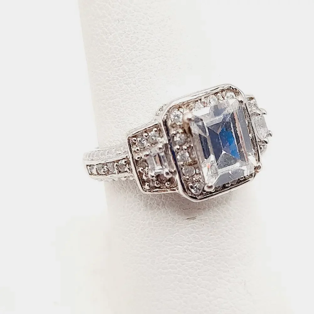 Vintage PJM 925 Sterling Silver Ring – Emerald-Cut Quartz/CZ – Size 7